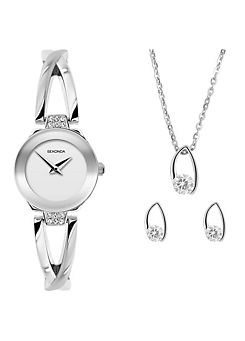 Sekonda Ladies 3 Piece Dress Gift Set with White Dial Watch, Silver Pendant & Matching Earrings