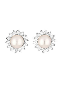 Simply Silver Sterling Silver 925 Freshwater Pearl & Cubic Zirconia Halo Stud Earrings