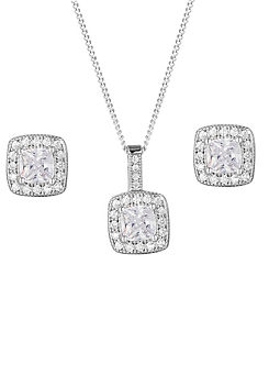 Sterling Silver Cubic Zirconia Square Halo Stud Earrings & Pendant Set