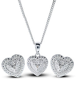Sterling Silver Diamond Heart Earrings & Pendant Set
