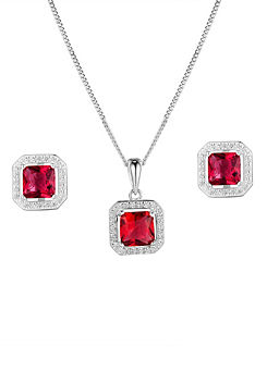 Sterling Silver Garnet Cubic Zirconia Rounded Square Halo Stud Earrings & Pendant Set