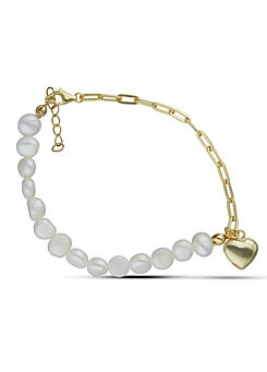 Sterling Silver Gold Plated Freshwater Pearl Heart Bracelet