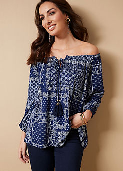 Together Blue Patchwork Gypsy Jersey Top with Tassels