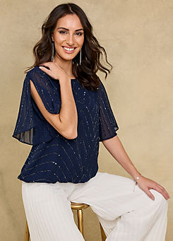 Together Navy Beaded Bubble Hem Blouse