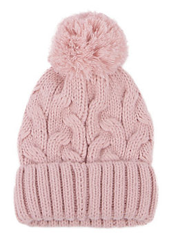 Totes Ladies Cable Pink Knit Hat with Pom Pom Detail