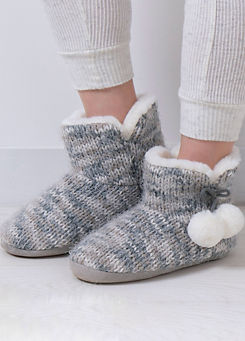 Totes Ladies Knitted Grey Boot Slippers with Pom Poms