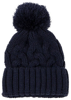 Totes Ladies Navy Cable Knit Beanie Hat with Pom Pom