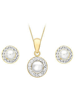 Tuscany Gold 9CT Pearl & Crystal Pendant & Earrings Set