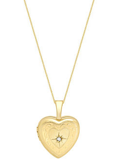 Tuscany Gold 9ct Yellow Gold 0.01ct Diamond Set 1Etched-Heart Locket & Curb Chain 18ins