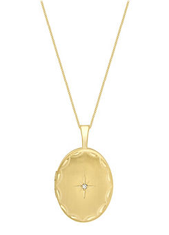 Tuscany Gold 9ct Yellow Gold 0.01ct Diamond Set Etched Oval Locket & Curb Chain 18ins