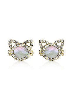 Tuscany Gold 9ct Yellow Gold Cubic Zirconia & Mother of Pearl Cat Stud Earrings