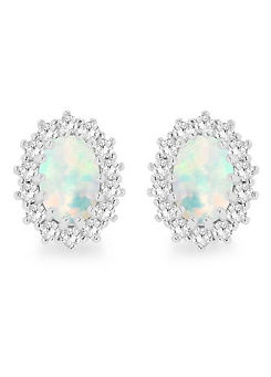Tuscany Silver Sterling Rhodium Plated Oval Synthetic Opal & White Cubic Zirconia 7.5mm x 9.5mm Flower Cluster Stud Earrings