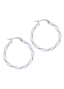 Tuscany Silver Sterling Silver Rhodium Plated White Enamel Large Twister Hoop Creole Earrings