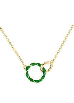 Tuscany Silver Sterling Silver Yellow Gold Plated Green Enamel Double Ring Interlock Necklace