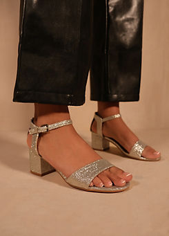 Where’s That From Adrianna Silver Glitter Wide Fit Mid Block Heel Sandals