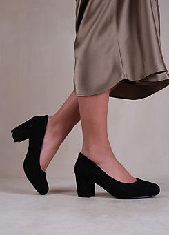 Where’s That From Melrose Black Suede Extra Wide Fit Block Heel Court Shoes