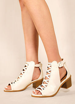 Where’s That From Reydah White Suede Peep Toe Block Heel Sandals