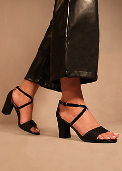 Where’s That From Ruth Black Glitter Wide Fit Block Heel Sandals