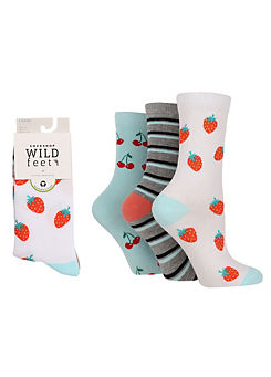 Wild Feet Ladies 3 Pack Jacquard Strawberries/Stripes/Cherries Socks