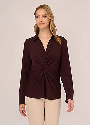 Adrianna Papell Knit Button Front V Neck Shirt Curvissa