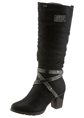 Wide Leg Mid Calf Buckle Heeled Boot by Sheego Curvissa