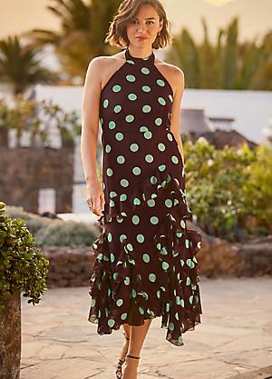 green polka dot halter neck dress GGR Rockabilly Halter Dress in Green with White Polka Dots main image 0