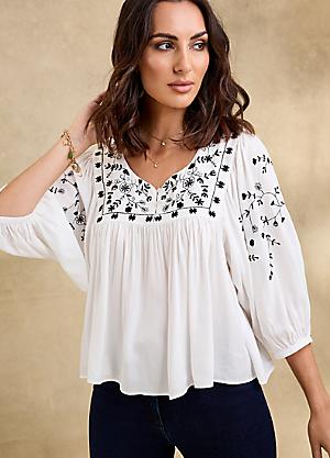 Embroidered Long Sleeve Tunic Top in Sustainable Cotton White