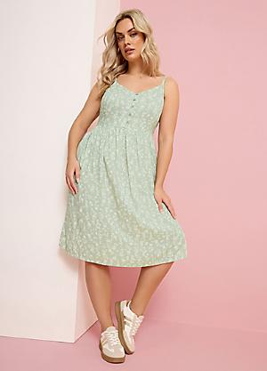 slim fit dress slacks Green Ditsy Floral Puff Sleeve Cora Midi Dress