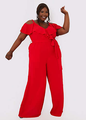 In the Style Red Woven Bardot Wide Leg Jumpsuit | Curvissa