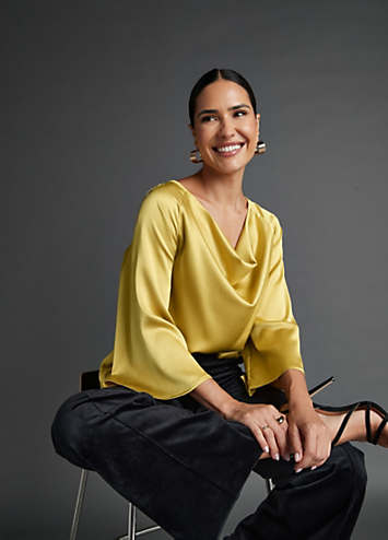 Kaleidoscope Chartruse Satin Cowel Neck Blouse | Curvissa