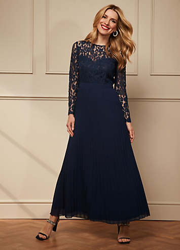 Kaleidoscope Navy Lace Bodice Pleated Maxi Dress Curvissa