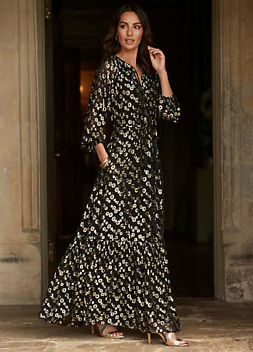 Together Black Gold Jacquard Trapeze Maxi Dress Curvissa