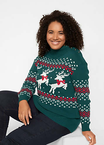 bonprix Reindeer Print Long Sleeve Christmas Jumper | Curvissa