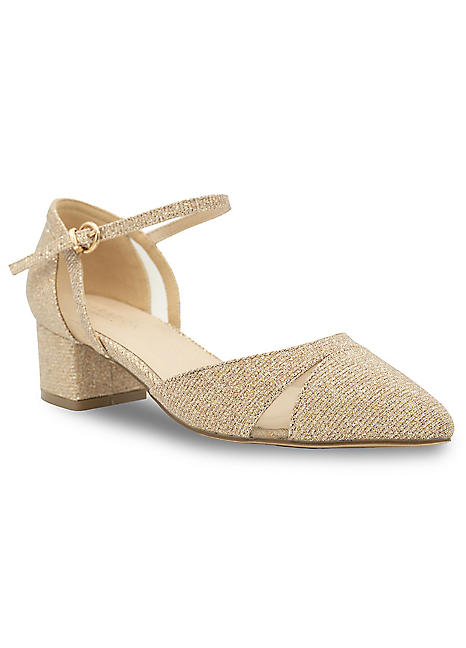 Paradox London Frankie Champagne Glitter Mid Block Heel Wide Fit Ankle Strap Court Shoes Curvissa