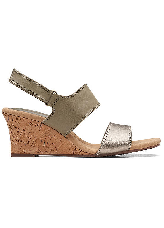 Clarks Collection Kyarra Faye Olive Leather Wedge Sandals | Curvissa