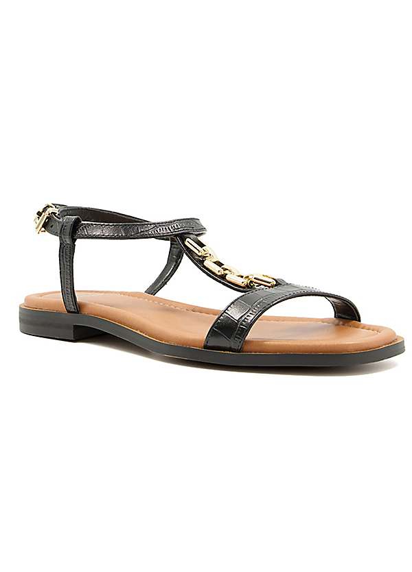 Dune London Lotty Black Leather Chain Croc Effect Flat Sandals