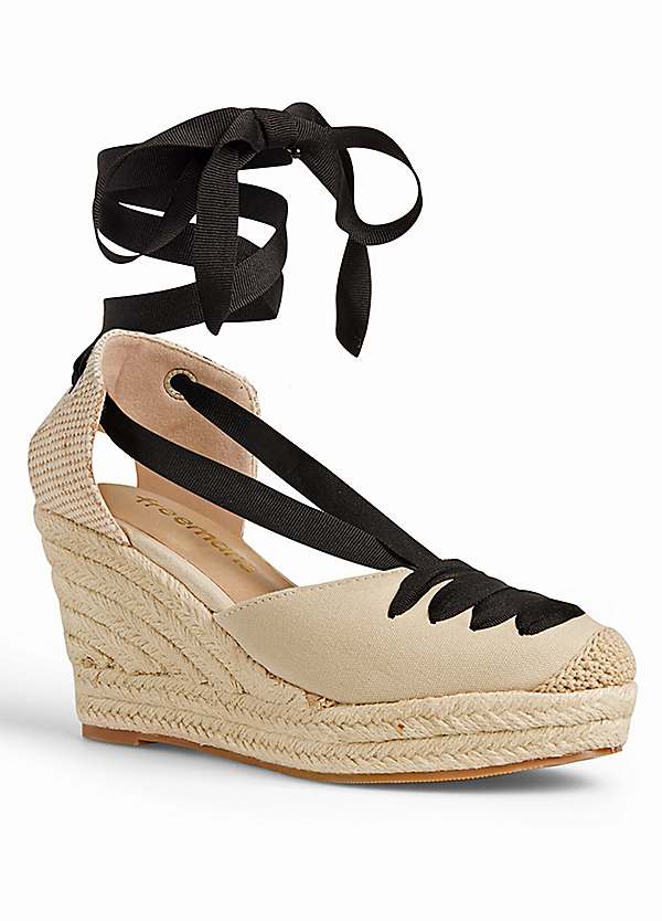 Freemans Cream and Black Lace Detail Espadrille Wedges Curvissa