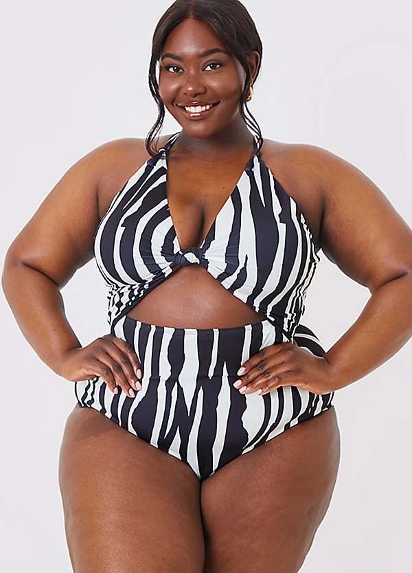 In The Style x Jac Jossa Black Control Abstract Print Knot Detail Cut Out Swimsuit Curvissa