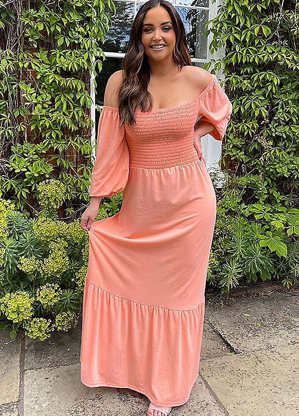 shirred bardot maxi dress