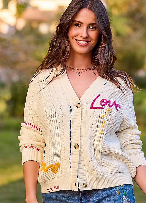 Joe Browns Oversized Embroidered Cable Knit Cardigan | Curvissa