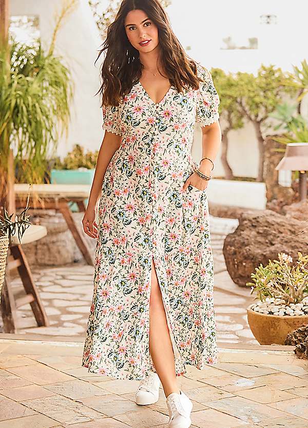Joe Browns Printed Crinkle Maxi Dress with Lace-Trim Puff Sleeves & Button Detail - White