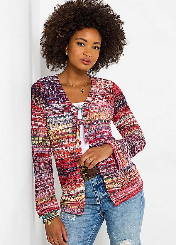Joe Browns V-Neck Tie Front Boho Open Knit Cardigan | Curvissa