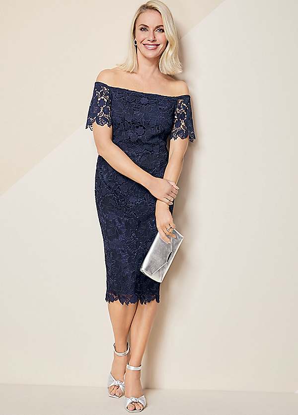 Kaleidoscope Navy Bardot Lace Dress