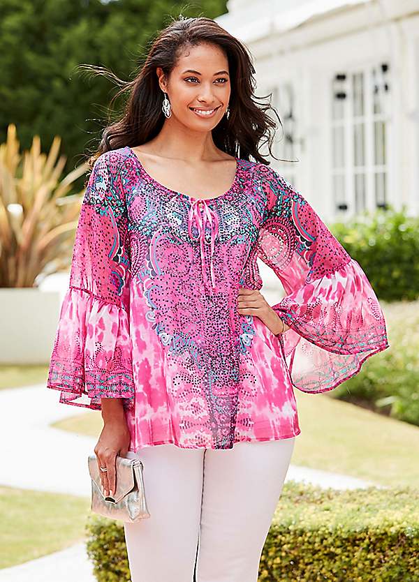 Print Stud Detail Belted Kimono Sleeve Satin Top by Star by Julien