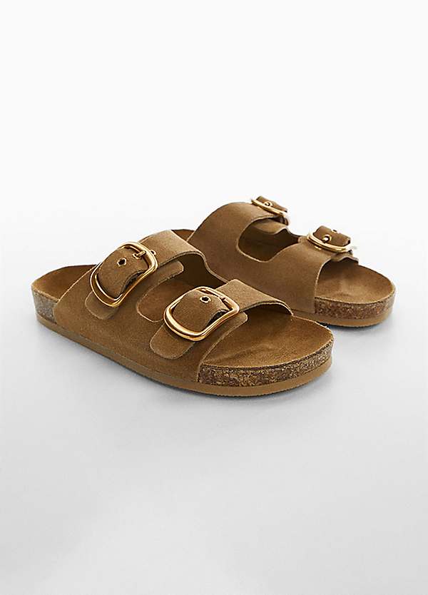 Mango Micky Brown Double Buckle Leather Sandals Curvissa