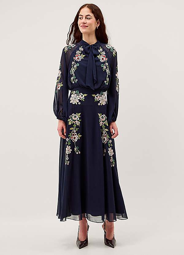 Monsoon Annika Floral Embroidered Chiffon Midi Dress - Navy