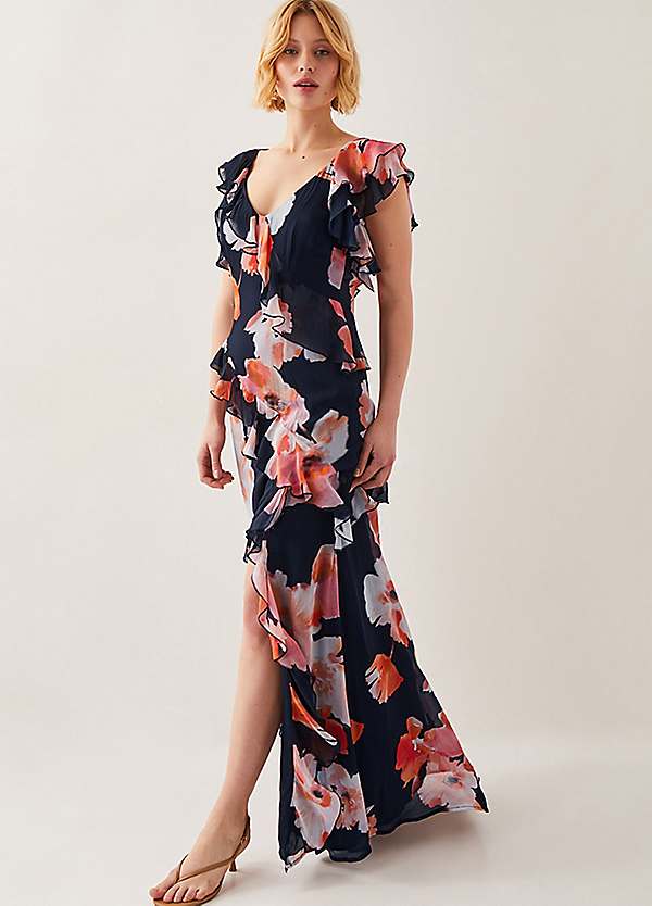 Monsoon Carrie Floral Ruffle Chiffon Maxi Dress Curvissa