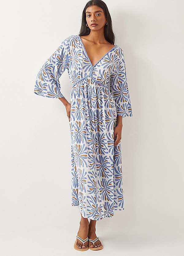 Monsoon Cece V-Neck Woodblock Print Midi Dress Curvissa