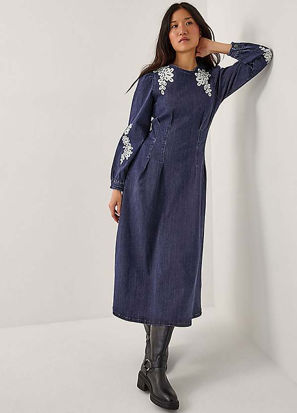 Monsoon Eileen Embroidered Denim Midi Dress