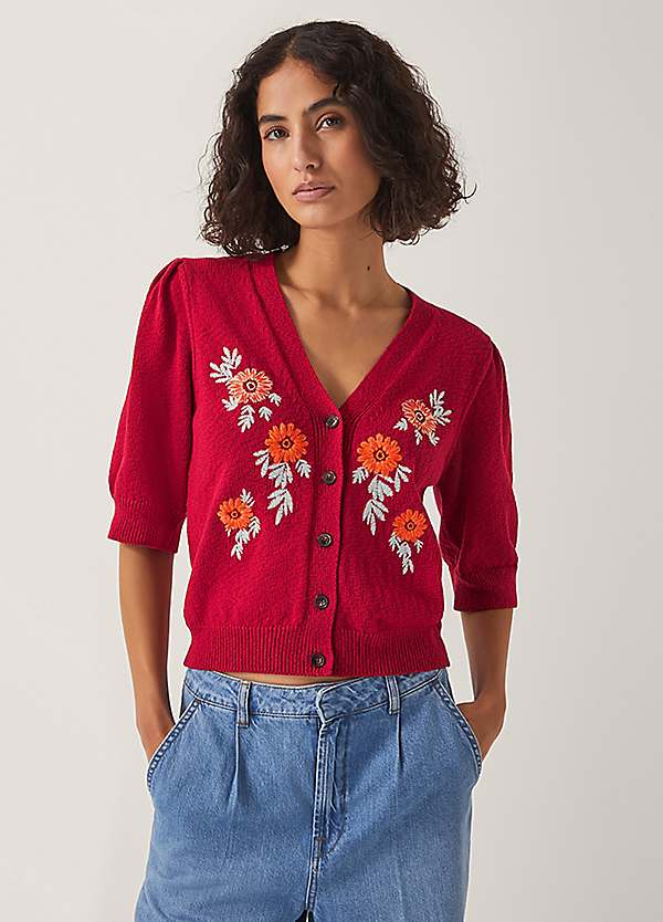 Monsoon Ellen Short Sleeve Floral Embroidered Cardigan Curvissa
